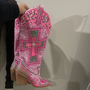 Pink Rhinestone Embellished Women's Boots